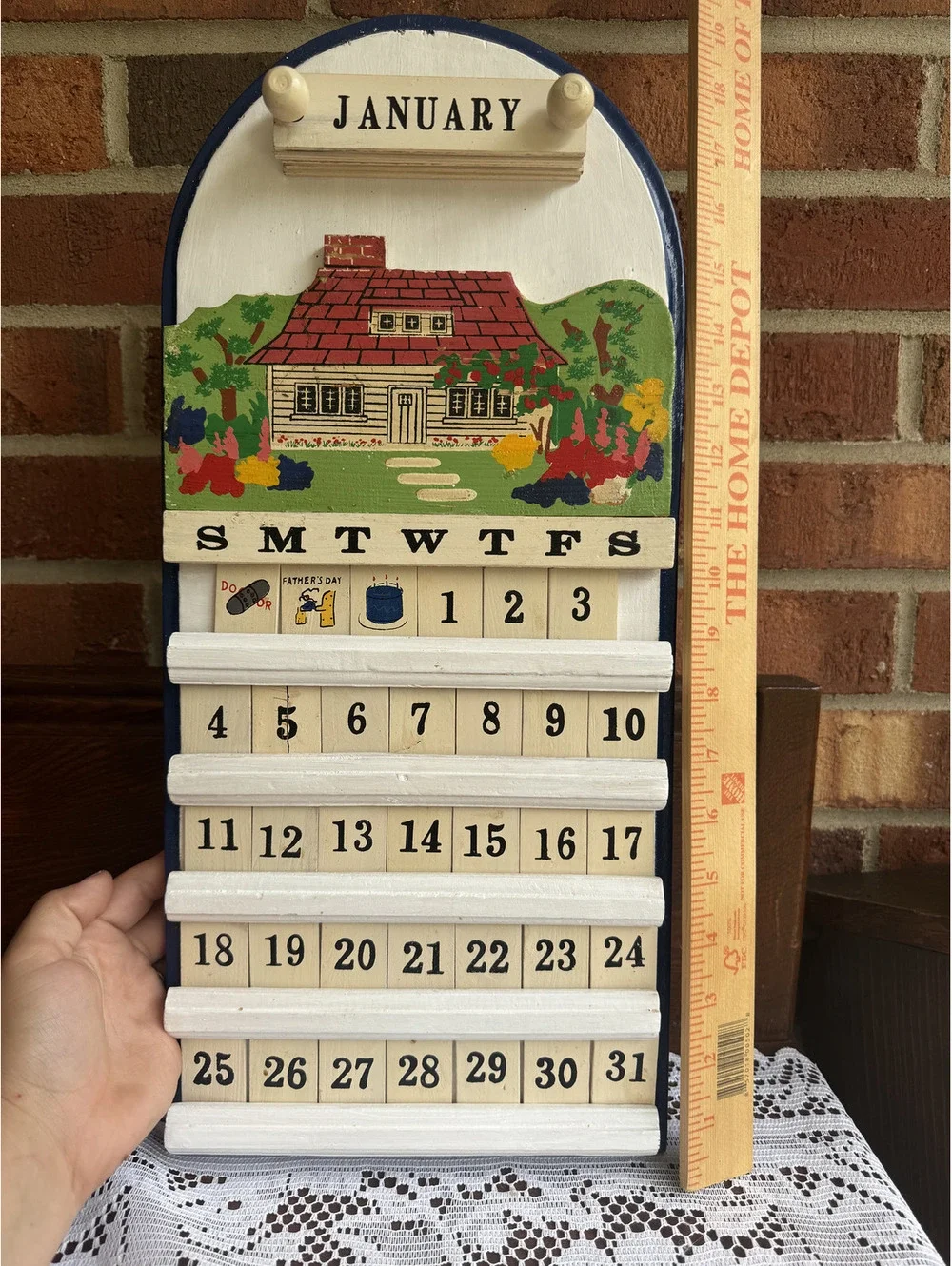 Vintage Wooden Perpetual Calendar with House Painting - COMPLETE